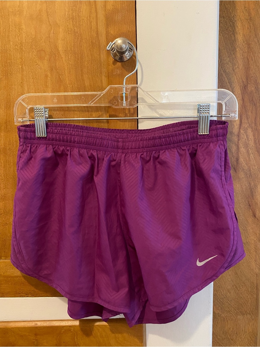 Nike Women's Magenta/Fuschia Dri-Fit Athletic Shorts, White Swoosh, Back Pocket